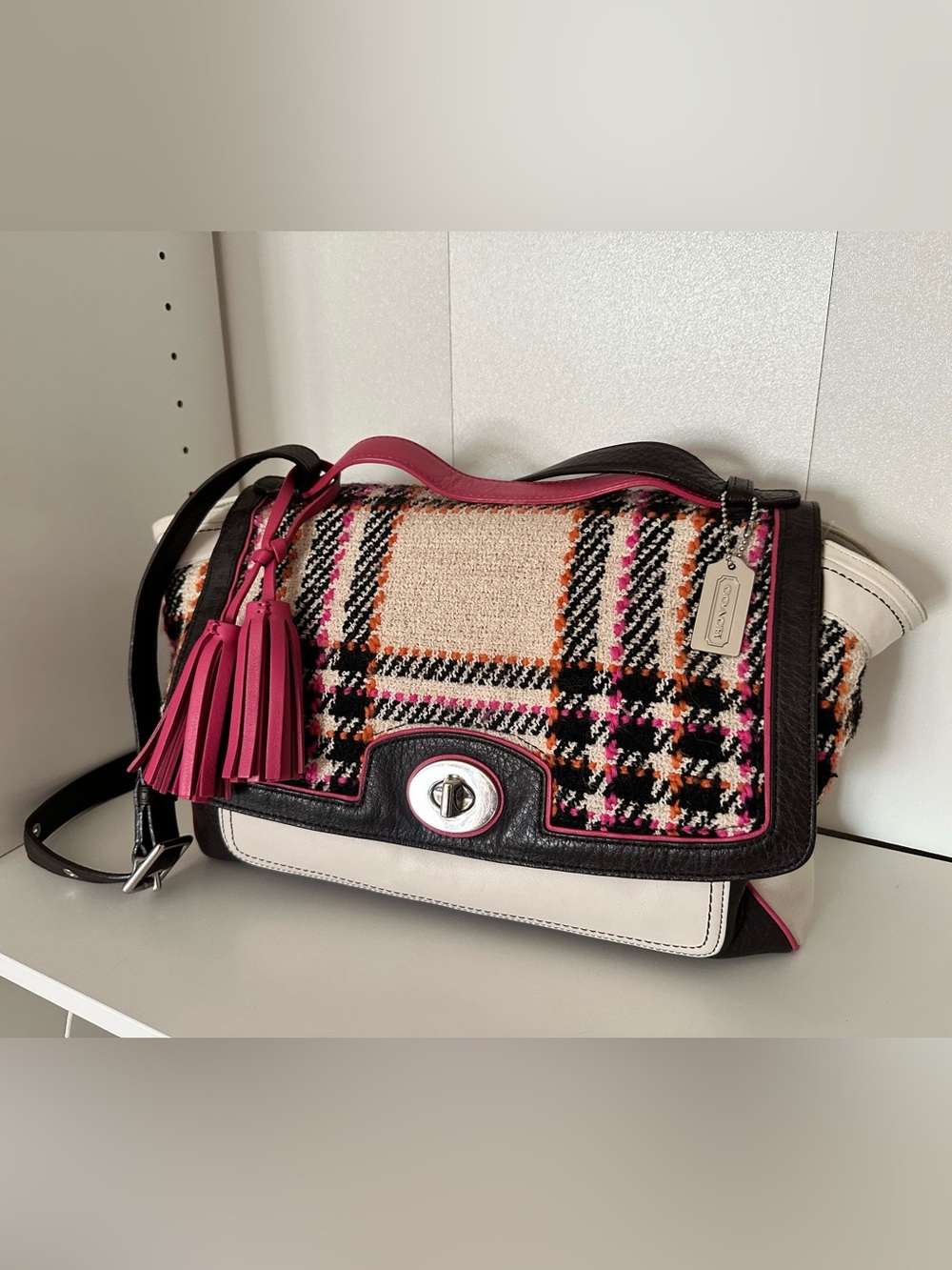 Coach pink houndstooth large satchel